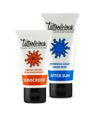 Tattoolicious COMBO SUN - SUNSCREEN 50+SPF Sun protection for tattoos 75 ml + AFTER SUN After-sun cream for tattoos 100 ml - Anti-aging with organic active ingredients.
