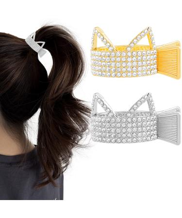 2 Pcs Rhinestone Ponytail Hair Clip  1.77 Inch Metal Hair Barrettes High Ponytail Claw Clip Fashion Decorative Accessories for Women and Girls (Cat Ears)