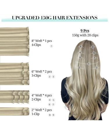 Doores Real Hair Extensions Clip - Ash Blonde Highlights Platinum Blonde 16 Inch 150g Remy Human Hair 9 Pieces - Natural Clip-In Hair Extensions - Buy Online on GoSupps.com