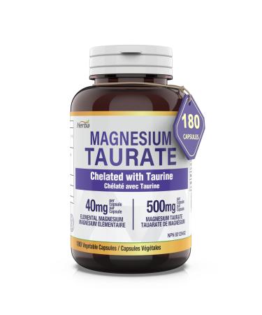 Herba Magnesium Taurate Supplement 500mg 180 Vegetable Capsules | Chelated with Taurine for Bioavailability | 40mg of Elemental Magnesium Per Capsules | Made in Canada