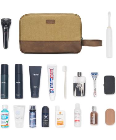 WANDF Travel Toiletry Bag for Men Hanging Dopp Kit Canvas Toiletry Organizer Water-Resistant Vegan Leather Shaving Bag for Toiletries Accessories (Khaki) Brown - Buy Online on GoSupps.com