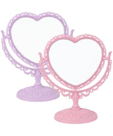 TBoxBo 2 Pack Heart Mirror Lovely Heart-Shaped Cosmetic Mirror Plastic Double-Sided Heart Mirror Rotatable Dresser Mirror Bathroom Bedroom Dressing Beauty Mirror for Girls Bedroom(Pink & Purple)