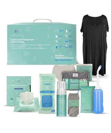 Mama & Wish Postpartum Essentials Kit (14-Piece) - Includes Hospital Post Partum Essentials for Women After Birth Labor and Delivery Gown Peri Bottle Witch Hazel Foam Pad Liners & More! Postpartum Kit - 14 Pieces