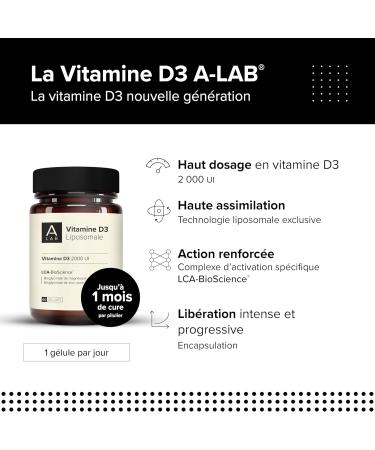 A-LAB Liposomal Vitamin D3 2000 IU - Enhanced Assimilation - Natural Defenses Immunity Muscular Supplement - 60 Capsules 60 Days Taken - Made in France - Buy Online on GoSupps.com
