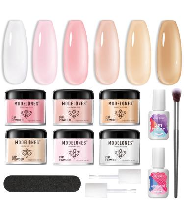Modelones Dip Powder Nail Kit 6 Colors Translucent Sheer Pink Nude Brown, 12 Pcs Natural Milky Jelly Effect Dipping Powder with Base & Top Coat Activator French Nail Art Starter Manicure DIY Salon A-Swan Lake