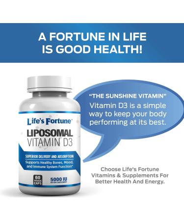 Life's Fortune Liposomal Vitamin D3 5000 IU Supplement Non-GMO High Absorption Supports Healthy Bones Mood and Immune System Function 60 Veggie Caps - Buy Online on GoSupps.com