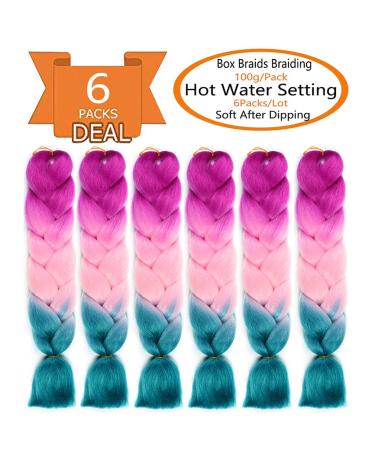 SHUOHAN 6 Pack Ombre Jumbo Braiding Hair Extensions 24 Inch - Purple Red to Light Pink to Lake Blue - High Temp Synthetic Fiber for Box Braids & Crochet Braids - Buy Online on GoSupps.com