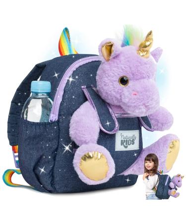 Naturally KIDS Small Unicorn Backpack - 3-4 Year Old Girl Gifts - Toddler Backpack for Girl Boy w Stuffed Animal - Toys for 3 Year Old Girls - w Pockets & Reflective Logo - Backpack w Purple Unicorn 01 Small Purple Unicorn