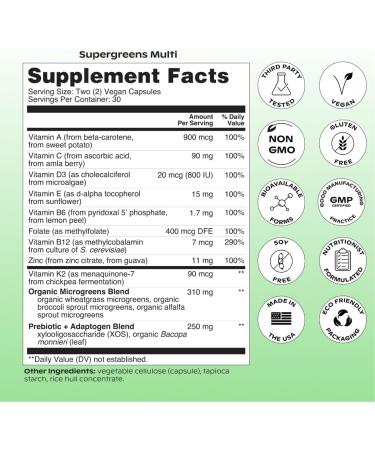 wholier Supergreens Multi Daily Greens Plant-Based Multivitamin for Women + Men Whole Food Vitamins + Minerals Prebiotics for Gut Health Adaptogens (60 Vegan Capsules) Glass Bottle - Buy Online on GoSupps.com
