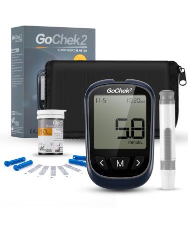 Blood Glucose Monitor Meter Diabetes Test Kit 2023 Upgrade with Hypo and Ketone Warning Meal Marker 500 Memories Blood Sugar Tester with 10 Test Strips and 10 Lancets - in mmol/L GoChek2 Glucose Kit X 10