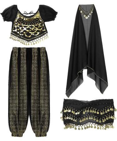 Moily Women's Indian Belly Dance Costume Set - Lantern Sleeves Coins Tops, Harem Pants, Hip Scarf - Black, One Size - Buy Online on GoSupps.com