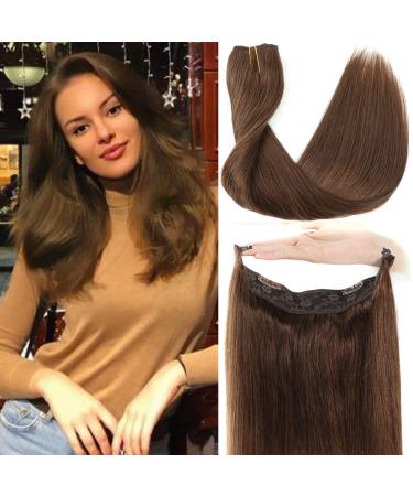 Ugrace Hair Fishing line Hair Extensions Real Human Hair Chocolate Brown 16 inch 80g Hairpiece with Transparent Invisible Fish Line Straight Clip in Human Hair Extensions for Women 16 inch light brown #4