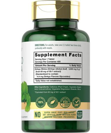 Ginkgo Biloba 3000mg | 400 Vegetarian Tablets | Non-GMO & Gluten-Free Supplement by Carlyle - Buy Online on GoSupps.com