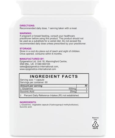 Glutamine SA | 500mg L-Glutamine + Natural Succinic Acid Antioxidant | 60 Vegan Friendly Capsules UK Made | 1 Capsule Daily (2 Month Supply) - Buy Online on GoSupps.com