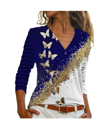 Women's Sweater Fashionable Casual Women's V-Neck Butterfly Print Long Sleeve T-Shirt Ladies Summer Shirts Blue XXL