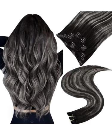 Easyouth Real Hair Clip in Extensions Human Hair Balayage Clip Hair Extensions Black Ombre Clip in Human Hair Extensions Black to Silver Hair Extensions Clip in 18 Inch 7Pcs 120g 18" 2-7Pcs Clip #1B/Silver/1B