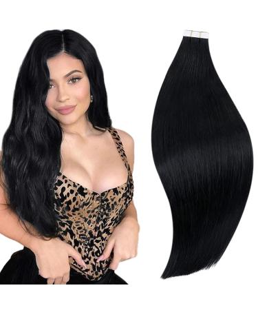 RUNATURE Tape in Hair Extensions Black 28 Inch Long Tape in Human Hair Extensions Remy Black Tape in Hair Extensions Human Hair Long Straight 50 Gram 28 Inch 1-Tape #1
