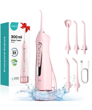 COSLUS Water Teeth Flosser: 300ML Electric Water Tooth Floss Cordless Jet Flossers for Teeth Cleaning IPX7 Waterproof Rechargeable Portable Travel Floss Light-Pink Absolute Cherry Pink