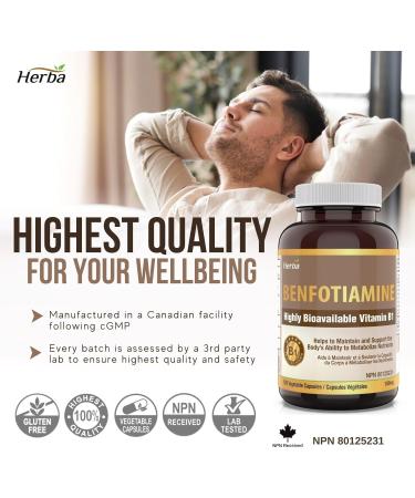 Herba Benfotiamine B1 Vitamin - 120 Capsules | 100mg of High Dose Vitamin B1 Supplement | Highly Bioavailable - Fat Soluble Vitamin B 1 | Better Absorption than Thiamine B1 Supplement | Made in Canada - Buy Online on GoSupps.com