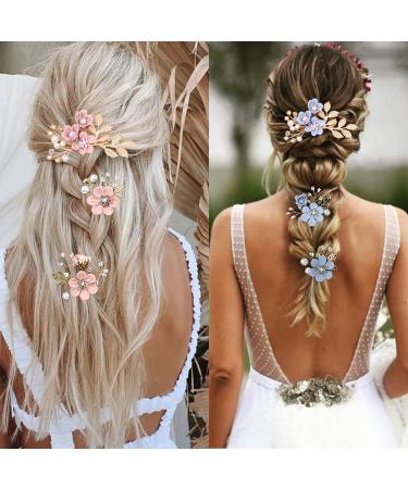 Pink Crystal Pearl Bridal Flower Hair Pins Set for Wedding - Gold Accessories for Brides & Bridesmaids - Buy Online on GoSupps.com