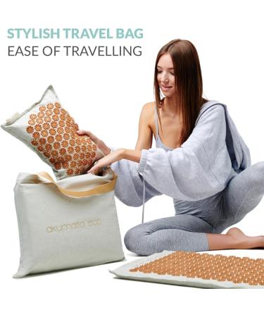 Akumata Eco Acupressure Mat & Pillow Set | Effective Back & Neck Pain Relief | Full Body Massage Set in Linen & Gold - Buy Online on GoSupps.com