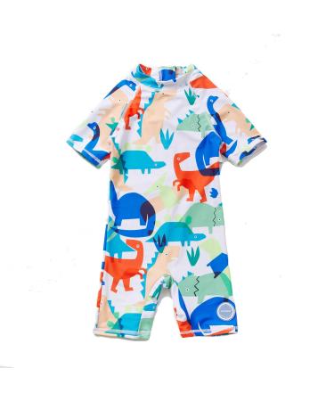 BONVERANO Baby Boys Swimsuit Toddler Bathing Suit Short-Sleeve Zipper One Piece Swimwear with UPF 50+ Sun Protection 6-9 Months White Dinosaur