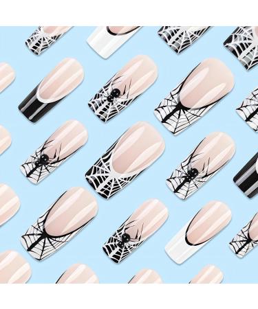 Halloween Long Square Fake Nails - Black & White Spider Web Design - Press on & Glue on French Tip Nails - 24 Pcs | Cute Halloween Artificial Nails for Women - Buy Online on GoSupps.com