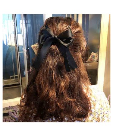 Inilbran Vintage Bow Hair Clips Black Silk Bow Hair Barrettes Long Tails Silk Bow Hair Clip Barrette French Bowknot Hair Accessory Silky Bowknot Clip Headpiece for Women and Girls Headdress (Black)