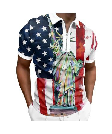 Mens 2023 Summer Polo Tops 4th of July Casual Zipper Up Polo Shirts Loose Fit Short Sleeves American Flag T Shirts C-blue 3X-Large
