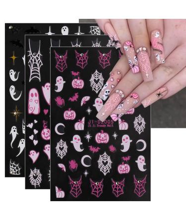 JMEOWIO 4 Sheets Halloween Cute Ghost Nail Art Stickers Decals Self-Adhesive Pink Pumpkin Nail Supplies Nail Art Design Decoration Accessories