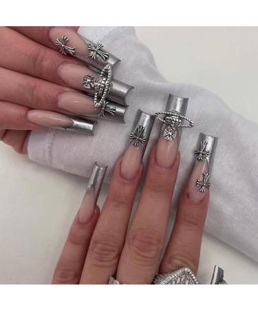 Long Press on Nails French Tip Fake Nails Silver Acrylic Nails Coffin Shape False Nails Full Cover Glossy Artificial Nails Cute Press on Nails Long French Glue on Nails for Women and Girls 24pcs Black Silver