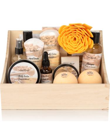 Bath Spa Gift Sets - Luxury Basket With Honey & Almond - Spa Kit Includes Wash, Bubble Bath, Lotion, Bath Salts, Body Scrub, Body Spray, Shower Puff, Bathbombs, Soap and Towel Honey + Almond 15 Piece Set