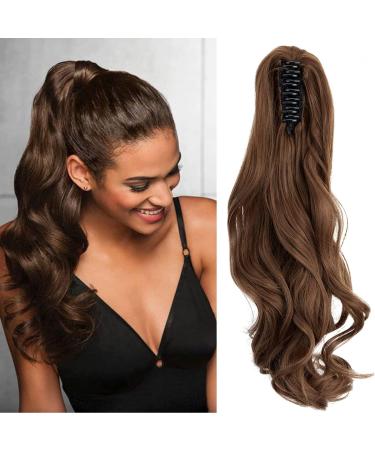 FXYTK Claw on Ponytail Clip in Ponytail Hair Extensions Hair Piece Clip on Pony Tail Hair Extension Claw Jaw Ponytail Extensions 18" Curly Light Chestnut Brown 18 Inch-Curly Light Chestnut Brown-18" Curly