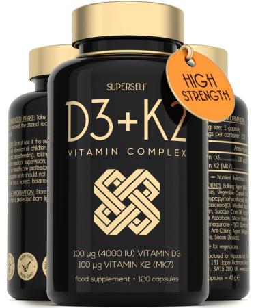 Vitamin D3 K2 Capsules - High Strength Vitamin D Tablets - 4000 IU VIT D & 100mcg VIT K MK7- UK Made Vegetarian D3 and K2 Vitamins Supplement for Strong Bones Teeth Immune System - 120 Capsules - Buy Online on GoSupps.com