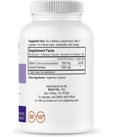 BestVite Ascorbyl Palmitate 500mg (120 Vegetarian Capsules) - Pure Formula with No Stearates, Fillers, or Flow Agents - Buy Online on GoSupps.com