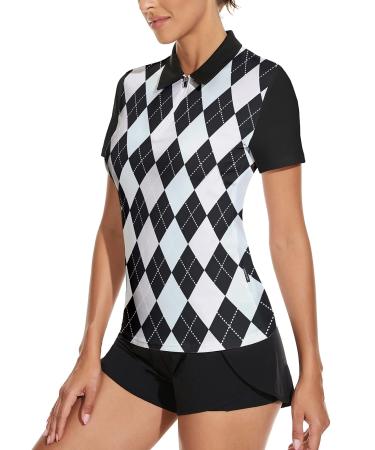 Soneven Women's Long Sleeve Golf Polo Shirts Moisture Wicking Quick Dry Half-Zip Pullover Athletic Workout Striped Tops Short Sleeve Medium B-black Plaid