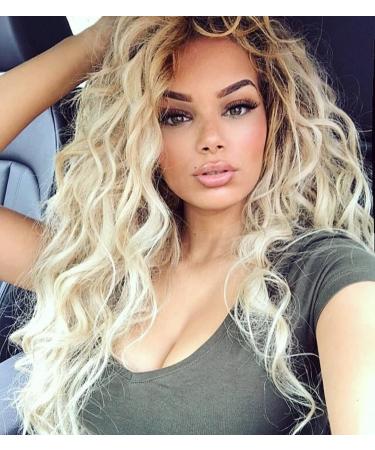 Fencca Long Curly Wavy Wig Ombre Platinum Blonde Wigs for Women Loose Wave Hair Glueless Heat Resistant Synthetic Wigs for Daily Party Use Ombre Blonde