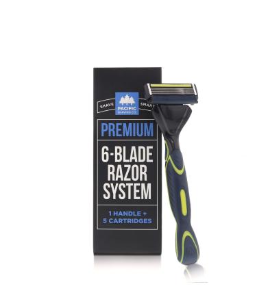 Pacific Shaving Company Premium 6-Blade Razor System - Pivoting Head with Ergonomic Weighted Handle and Lubrication Strip (1 Razor Handle + 5 Blade Refills)