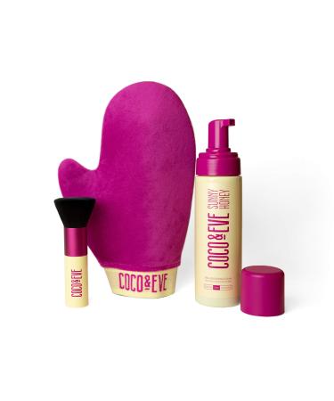 Coco & Eve Sunny Honey Bali Bronzing Bundle (Dark). All Natural Sunless Tanning Mousse. Instant Self Tanning Lotion with Bronzer, Mitt Applicator and Kabuki Brush.