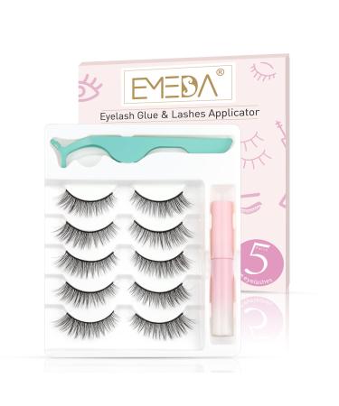 EMEDA Natural lashes with glue and tweezers 5 Pair Natural look eyelashes with lash glue 3D Short Natural false lashes Kit Strip Fake Lashes With Applicator (Natural 6) Natural 06