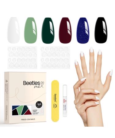 Beetles Press on Nails Short Glossy 6 Solid Colors Fake Nails 144Pcs White Black Burgundy Red Green False Nails with Strong Nail Glue  Nail Adhesive Tabs and Mini File for Women Girls