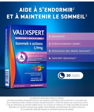 VALDISPERT -Sleep & Sleep Maintenance 4 actions 1.9 mg-Herbal and Melatonin Food Supplement 1.9mg-Extra Strong Dosage-No Addiction or habituation-30 Capsules - Buy Online on GoSupps.com