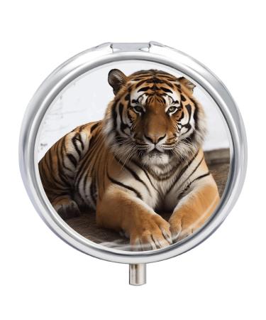 Round Pill Box Big Tiger Print 3 Compartment Medicine Pill Case Print Pill Organizer Decorative Metal Portable Pill Box Pocket Pill Box