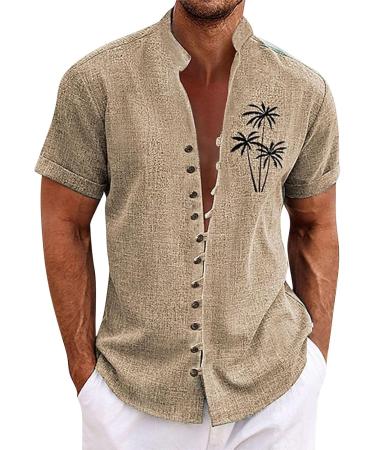 Rosennie Men's Hawaii Shirt - Stand-Up Collar Short Sleeve Button-Up Lightweight Oversized Beach T-Shirt in XXL Khaki for Summer Vacations - Buy Online on GoSupps.com