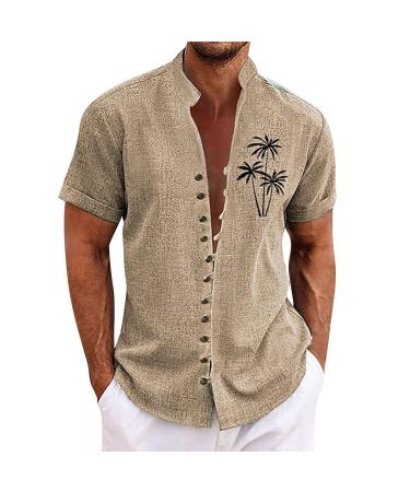 Rosennie hawaii shirt men stand -up collar palm pressure summer shirt short -sleeved button bar beach shirt loose leisure shirts oversized tshirt light vacation shirts costume shirt xxl khaki