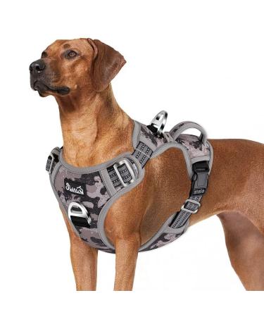Eyin dog harness for large dogs adjustable breathable reflective padded and breathable breast dishes with handle and front bracket for daily training (camouflage gray XL) XL (neck: 55-83cm breast: 50-94cm) Tarngrau