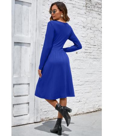 OUGES Women's Spring Casual Midi Dress | Long Sleeve V-Neck Floral Wrap Dress | Pockets | Blue - Buy Online on GoSupps.com