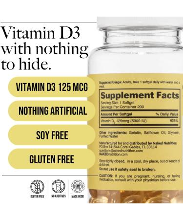 Naked Vitamin D3 5000 IU High Potency Vitamin D Supplement for Immune Support Bone Strength Muscle Function 200 Vitamin D Softgels - Buy Online on GoSupps.com