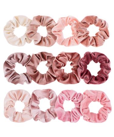 Whaline 12Pcs Blush Theme Hair Scrunchies Velvet Elastics for Women Pink Bobbles Soft Lovers Scrunchy Classic Elastic Thick Hair Bands Ties Gifts for Women Teenage Girls