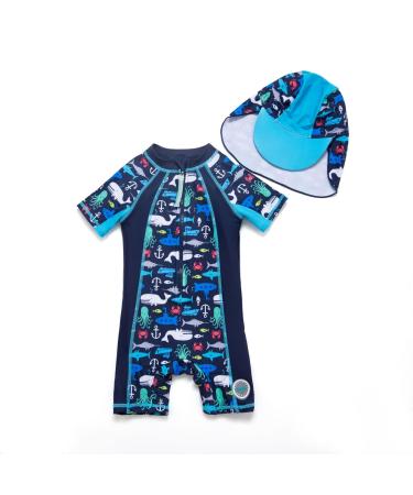 BONVERANO Baby Boy All-in-one Sunsuit/Swimsuits upf 50+ Sun Protection S/S Swimming Costume with Cap. 18-24 Months Ship